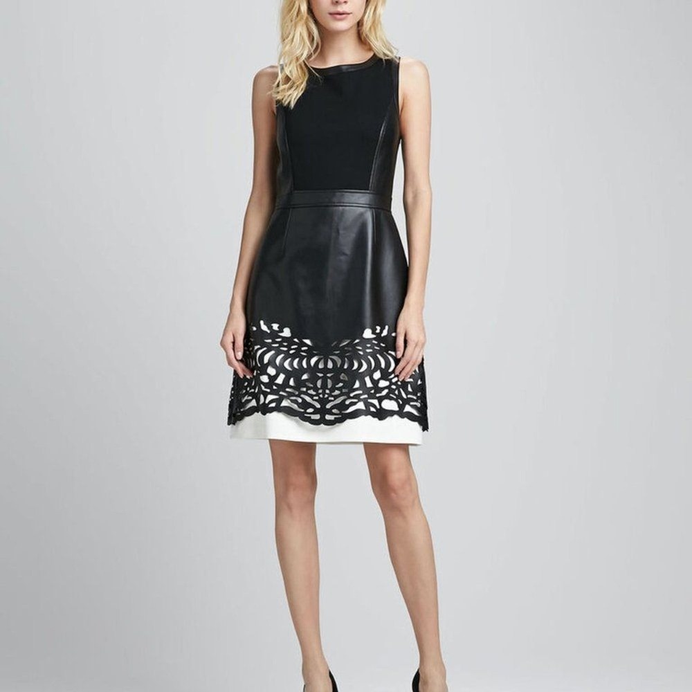 Laundry by Shelli Segal Faux Leather Laser Cut Sheath Dress Size 8